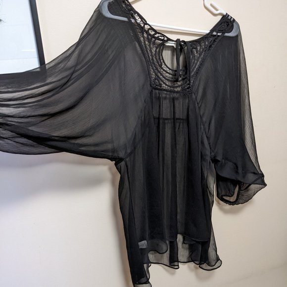 Beautiful Daniel Rainn Sheer Black Boho Blouse with Bishop Sleeves - Picture 4 of 7